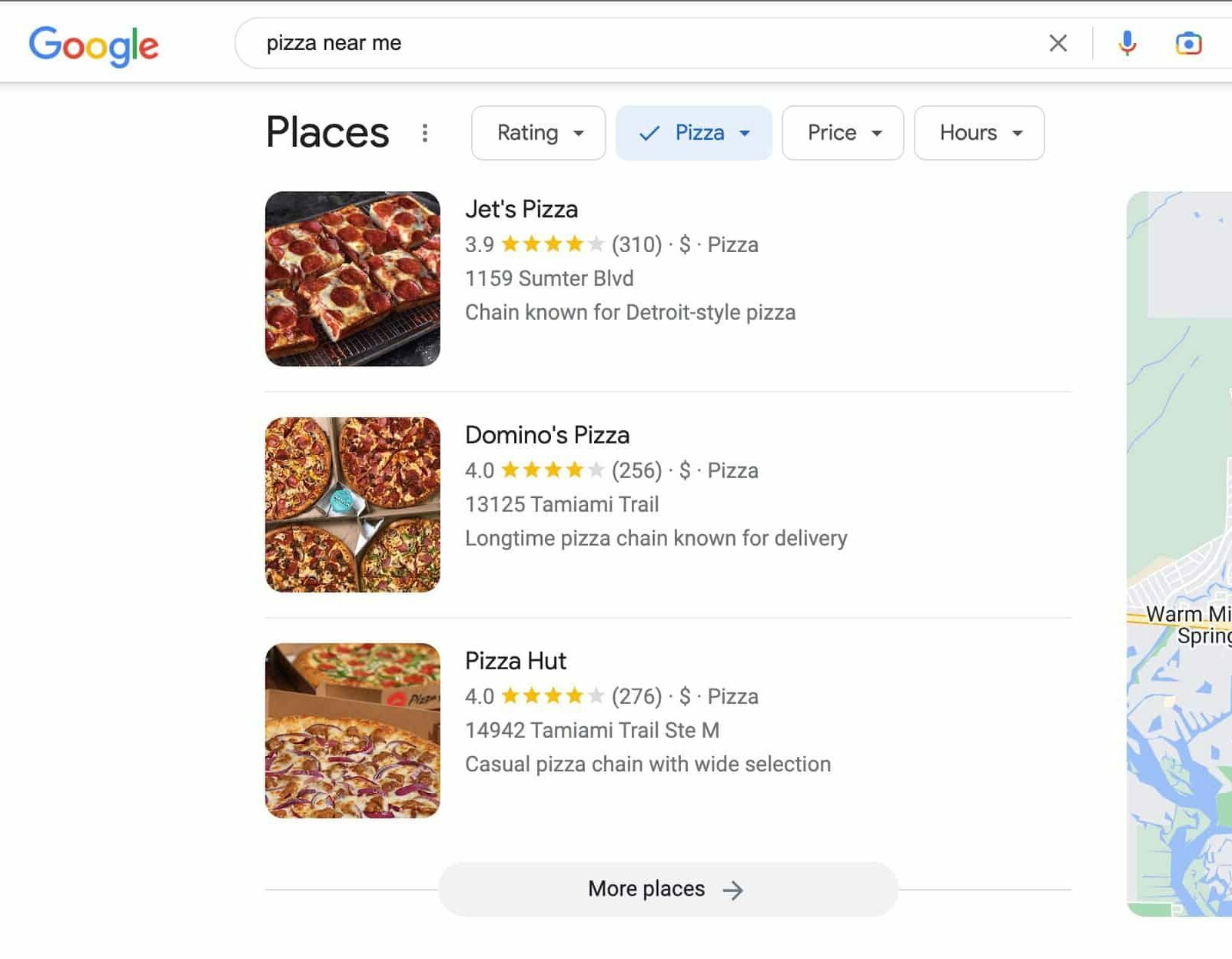 screenshot of google search 'pizza near me' pertaining to North Port, FL
